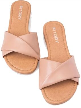 NEW Fitory Women's Flat Sandals Fashion Slides With Soft Leather (“Nude”)